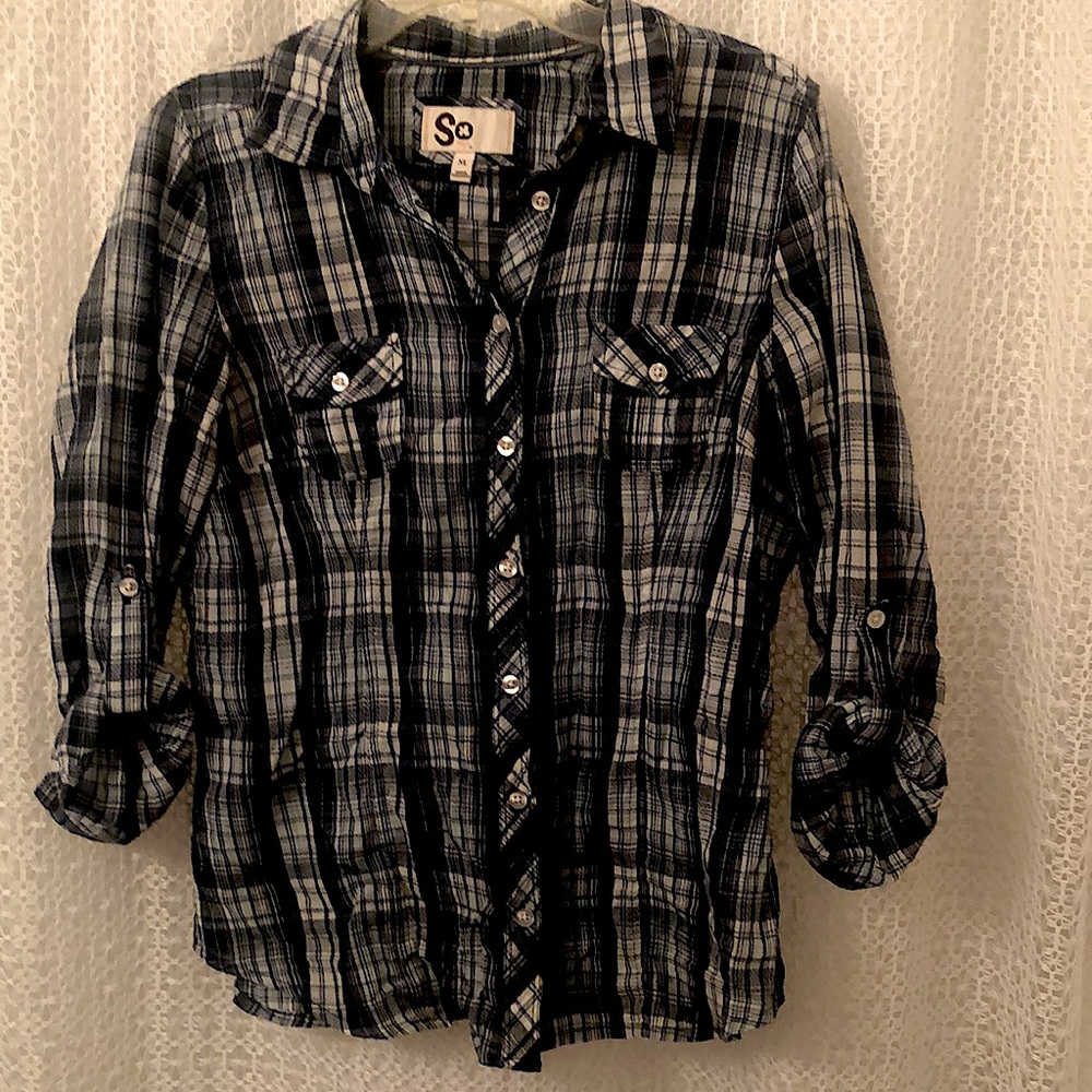 Dark Blue plaid flannel button‎ down, long sleeve shirt-juniors XL